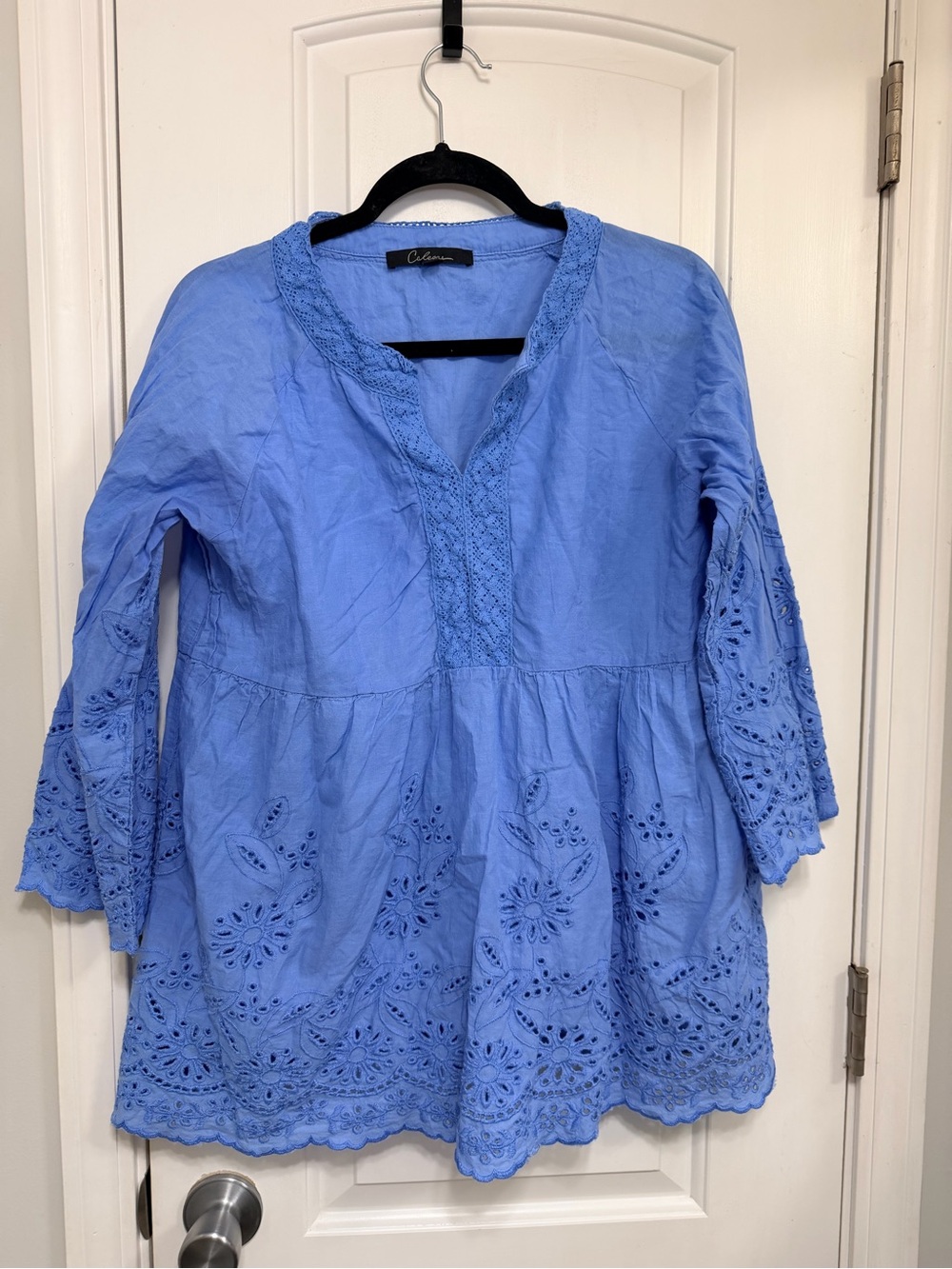 Blue Eyelet V-Neck Tunic Top
